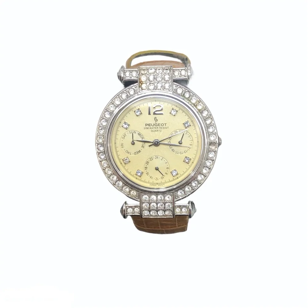 P. PEUGEOT YELLOW FACE & CROCODILE STAMPED BAND WITH CRYSTAL BEZEL WATCH